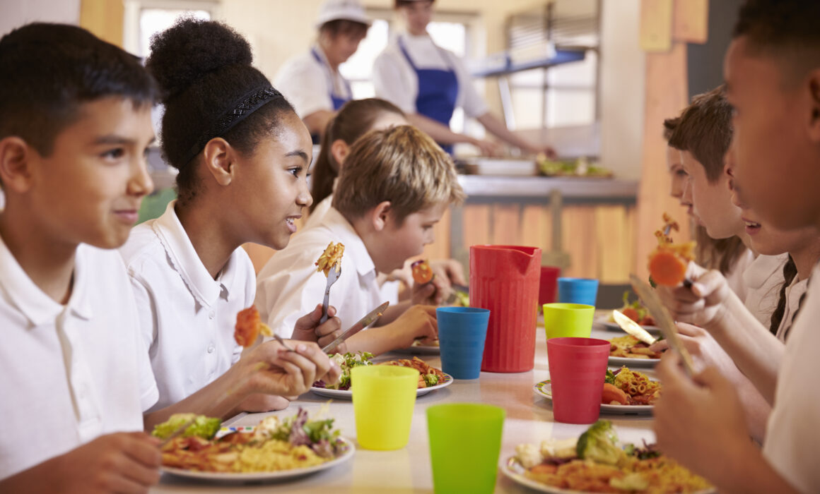 Primary school kids eat lunch in school cafeteria